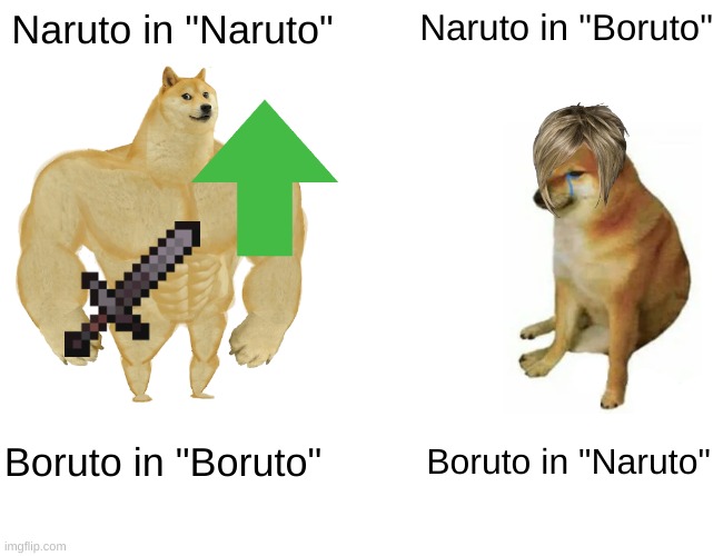 Buff Doge vs. Cheems Meme | Naruto in "Naruto"; Naruto in "Boruto"; Boruto in "Boruto"; Boruto in "Naruto" | image tagged in memes,buff doge vs cheems | made w/ Imgflip meme maker