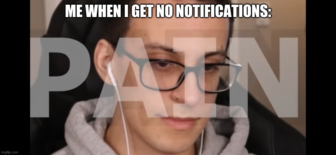 noti's are life | ME WHEN I GET NO NOTIFICATIONS: | image tagged in pcrow pain | made w/ Imgflip meme maker