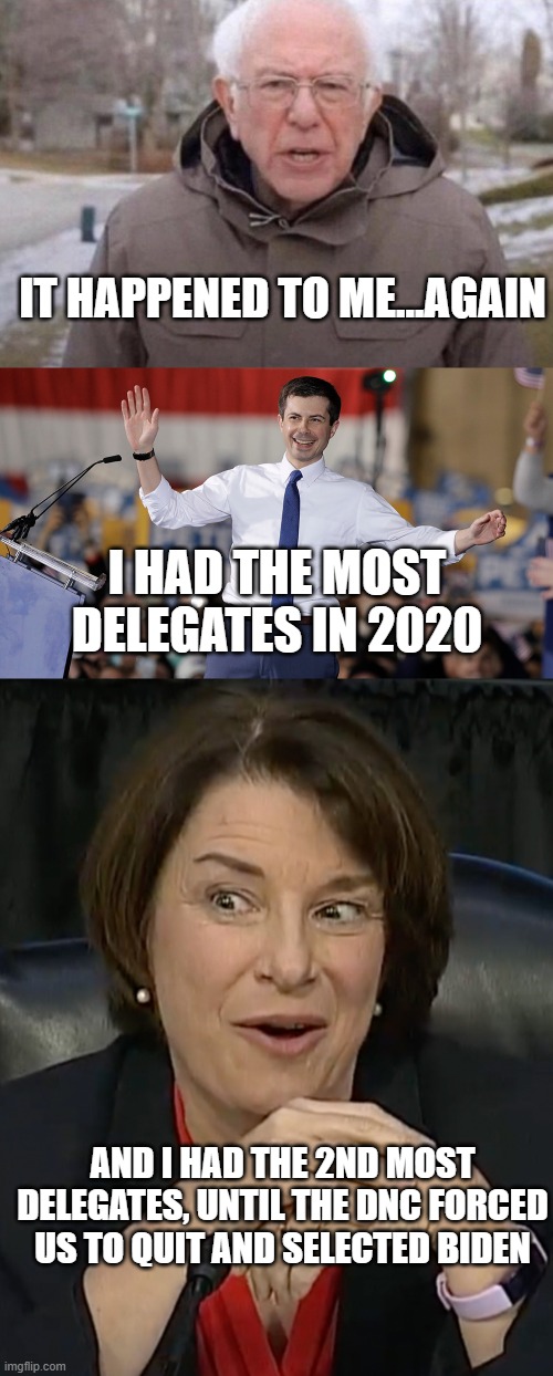 IT HAPPENED TO ME...AGAIN I HAD THE MOST DELEGATES IN 2020 AND I HAD THE 2ND MOST DELEGATES, UNTIL THE DNC FORCED US TO QUIT AND SELECTED BI | image tagged in i am once again asking,pete buttigieg,u s senator amy klobuchar | made w/ Imgflip meme maker