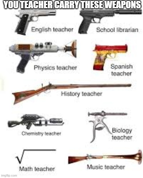 lol | YOU TEACHER CARRY THESE WEAPONS | image tagged in d | made w/ Imgflip meme maker