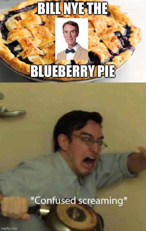 Why did I do this | BILL NYE THE; BLUEBERRY PIE | image tagged in confused screaming | made w/ Imgflip meme maker