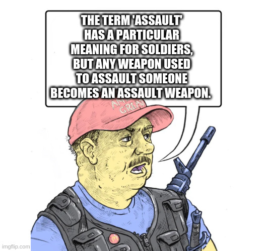 is that what they call an adverb | THE TERM 'ASSAULT' HAS A PARTICULAR MEANING FOR SOLDIERS, BUT ANY WEAPON USED TO ASSAULT SOMEONE BECOMES AN ASSAULT WEAPON. | image tagged in repub,grammar,nazi | made w/ Imgflip meme maker