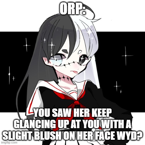 ORP:; YOU SAW HER KEEP GLANCING UP AT YOU WITH A SLIGHT BLUSH ON HER FACE WYD? | made w/ Imgflip meme maker