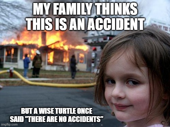 im a literal menace to society currently | MY FAMILY THINKS THIS IS AN ACCIDENT; BUT A WISE TURTLE ONCE SAID "THERE ARE NO ACCIDENTS" | image tagged in memes,disaster girl | made w/ Imgflip meme maker