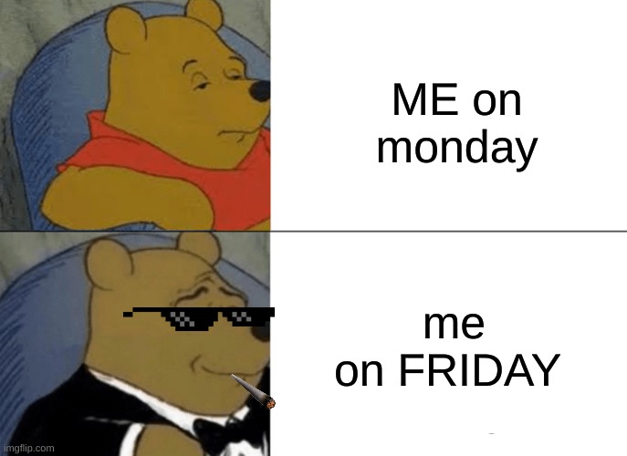 COOKIE | ME on monday; me on FRIDAY | image tagged in memes,tuxedo winnie the pooh | made w/ Imgflip meme maker