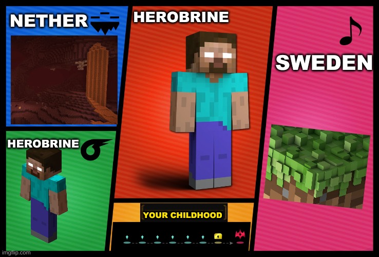 Herobrine | NETHER; SWEDEN; HEROBRINE; HEROBRINE; YOUR CHILDHOOD | image tagged in smash ultimate dlc fighter profile | made w/ Imgflip meme maker