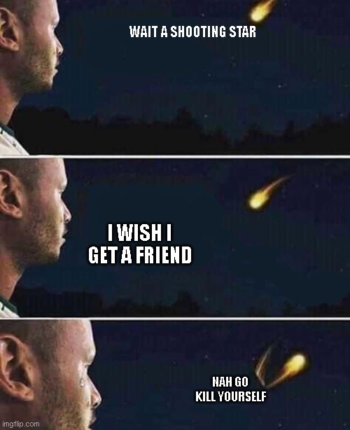 the start of life | WAIT A SHOOTING STAR; I WISH I GET A FRIEND; NAH GO KILL YOURSELF | image tagged in shooting star | made w/ Imgflip meme maker