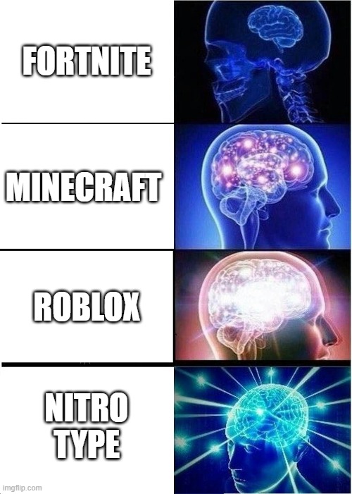 Expanding Brain Meme | FORTNITE; MINECRAFT; ROBLOX; NITRO TYPE | image tagged in memes,expanding brain | made w/ Imgflip meme maker