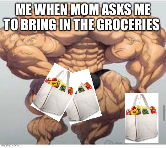 Mistakes make you stronger | ME WHEN MOM ASKS ME TO BRING IN THE GROCERIES | image tagged in strong | made w/ Imgflip meme maker