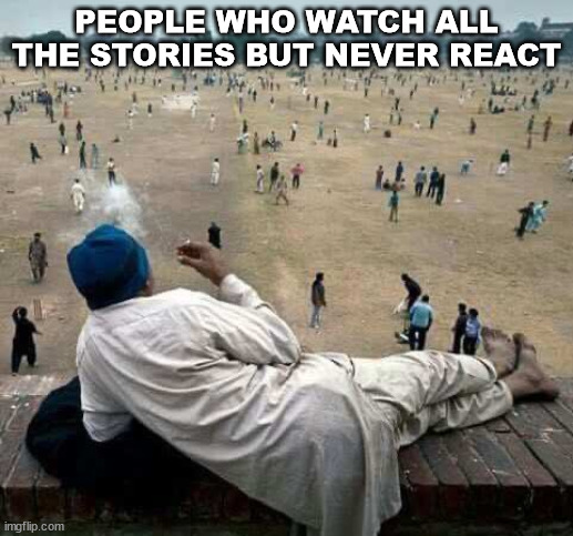 People who watch all the stories but | PEOPLE WHO WATCH ALL THE STORIES BUT NEVER REACT | image tagged in funny memes,instagram | made w/ Imgflip meme maker