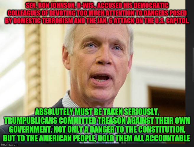 Senator Ron Johnson | SEN. RON JOHNSON, R-WIS., ACCUSED HIS DEMOCRATIC COLLEAGUES OF DEVOTING TOO MUCH ATTENTION TO DANGERS POSED BY DOMESTIC TERRORISM AND THE JAN. 6 ATTACK ON THE U.S. CAPITOL. ABSOLUTELY MUST BE TAKEN SERIOUSLY, TRUMPUBLICANS COMMITTED TREASON AGAINST THEIR OWN GOVERNMENT. NOT ONLY A DANGER TO THE CONSTITUTION, BUT TO THE AMERICAN PEOPLE, HOLD THEM ALL ACCOUNTABLE | image tagged in senator ron johnson | made w/ Imgflip meme maker