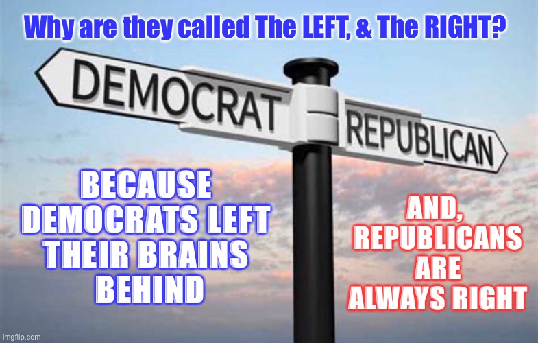 Ohhh, THAT’s Why | Why are they called The LEFT, & The RIGHT? AND,  REPUBLICANS ARE ALWAYS RIGHT; BECAUSE 
DEMOCRATS LEFT 
THEIR BRAINS 
BEHIND | image tagged in dems hate america,america last,america first,dems are marxist,marxists want to destroy america,thanks biden voters | made w/ Imgflip meme maker