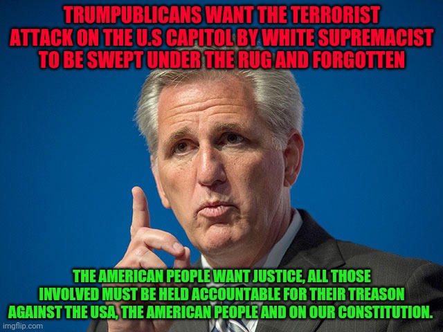 Kevin McCarthy | TRUMPUBLICANS WANT THE TERRORIST ATTACK ON THE U.S CAPITOL BY WHITE SUPREMACIST TO BE SWEPT UNDER THE RUG AND FORGOTTEN; THE AMERICAN PEOPLE WANT JUSTICE, ALL THOSE INVOLVED MUST BE HELD ACCOUNTABLE FOR THEIR TREASON AGAINST THE USA, THE AMERICAN PEOPLE AND ON OUR CONSTITUTION. | image tagged in kevin mccarthy | made w/ Imgflip meme maker