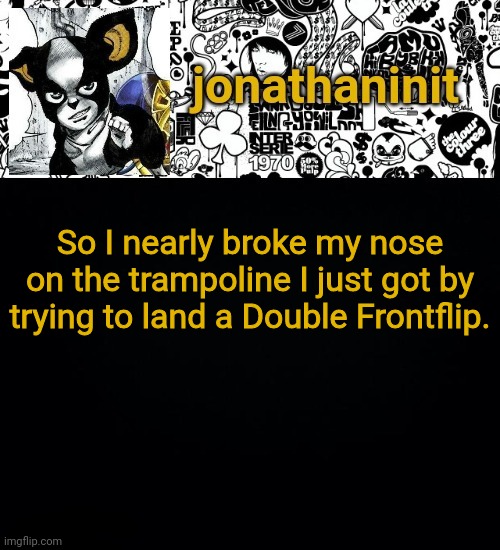 I thought I could be better then Ricochet | So I nearly broke my nose on the trampoline I just got by trying to land a Double Frontflip. | image tagged in jonathaninit's final template | made w/ Imgflip meme maker