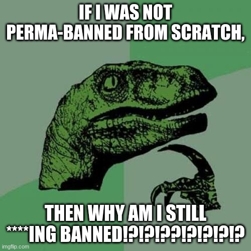 Me right now | IF I WAS NOT PERMA-BANNED FROM SCRATCH, THEN WHY AM I STILL ****ING BANNED!?!?!??!?!?!?!? | image tagged in memes,philosoraptor | made w/ Imgflip meme maker