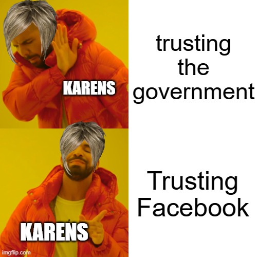 Drake Hotline Bling Meme | trusting the government; KARENS; Trusting Facebook; KARENS | image tagged in memes,drake hotline bling | made w/ Imgflip meme maker