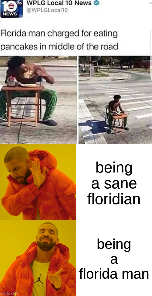 Florida be like | being a sane floridian; being a florida man | image tagged in memes,drake hotline bling,florida man,meanwhile in florida,insane,funny memes | made w/ Imgflip meme maker