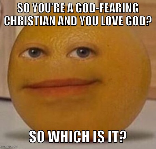 Not a very healthy relationship with god if you fear them. | SO YOU’RE A GOD-FEARING CHRISTIAN AND YOU LOVE GOD? SO WHICH IS IT? | image tagged in atheist,atheism,christianity,god,annoying orange,religion | made w/ Imgflip meme maker