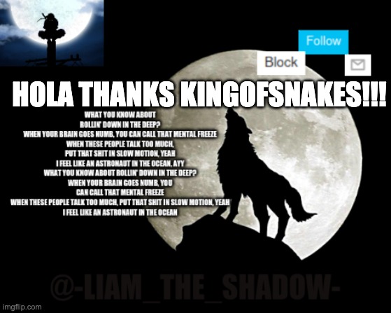 happi! | HOLA THANKS KINGOFSNAKES!!! | image tagged in -liam_the_shadow- announcement template by kingofsnakes | made w/ Imgflip meme maker