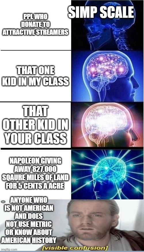 Expanding Brain | SIMP SCALE; PPL WHO DONATE TO ATTRACTIVE STREAMERS; THAT ONE KID IN MY CLASS; THAT OTHER KID IN YOUR CLASS; NAPOLEON GIVING AWAY 827.000 SQAURE MILES OF LAND FOR 5 CENTS A ACRE; ANYONE WHO IS NOT AMERICAN AND DOES NOT USE METRIC OR KNOW ABOUT AMERICAN HISTORY | image tagged in memes,expanding brain | made w/ Imgflip meme maker