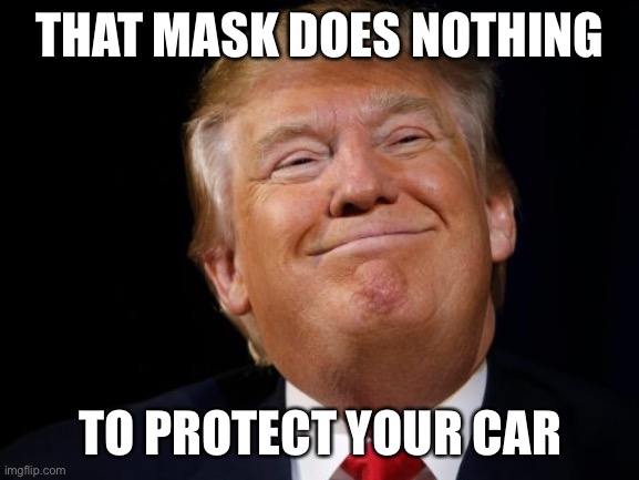 Smug Trump | THAT MASK DOES NOTHING TO PROTECT YOUR CAR | image tagged in smug trump | made w/ Imgflip meme maker