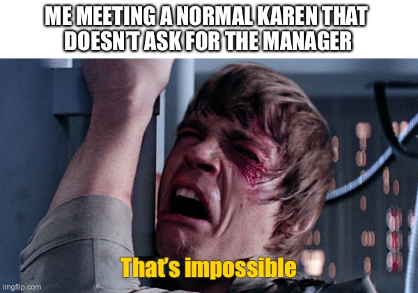 Normal Karen |  ME MEETING A NORMAL KAREN THAT 
DOESN’T ASK FOR THE MANAGER; That’s impossible | image tagged in that's impossible,normal karen,skywalker | made w/ Imgflip meme maker
