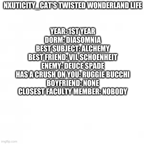 this is from shindanmaker and this is what i got... | NXUTICITY_CAT'S TWISTED WONDERLAND LIFE
 
  
YEAR: 1ST YEAR
DORM: DIASOMNIA
BEST SUBJECT: ALCHEMY
BEST FRIEND: VIL SCHOENHEIT
ENEMY: DEUCE SPADE
HAS A CRUSH ON YOU: RUGGIE BUCCHI
BOYFRIEND: NONE
CLOSEST FACULTY MEMBER: NOBODY | image tagged in memes | made w/ Imgflip meme maker