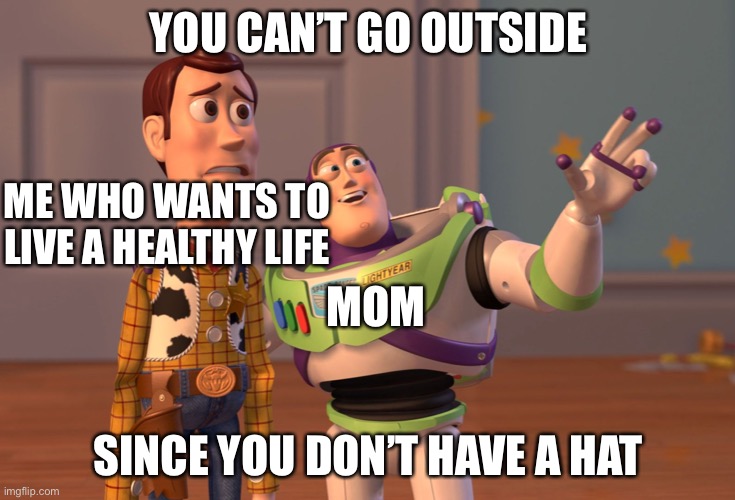 X, X Everywhere Meme | YOU CAN’T GO OUTSIDE; ME WHO WANTS TO LIVE A HEALTHY LIFE; MOM; SINCE YOU DON’T HAVE A HAT | image tagged in memes,x x everywhere | made w/ Imgflip meme maker