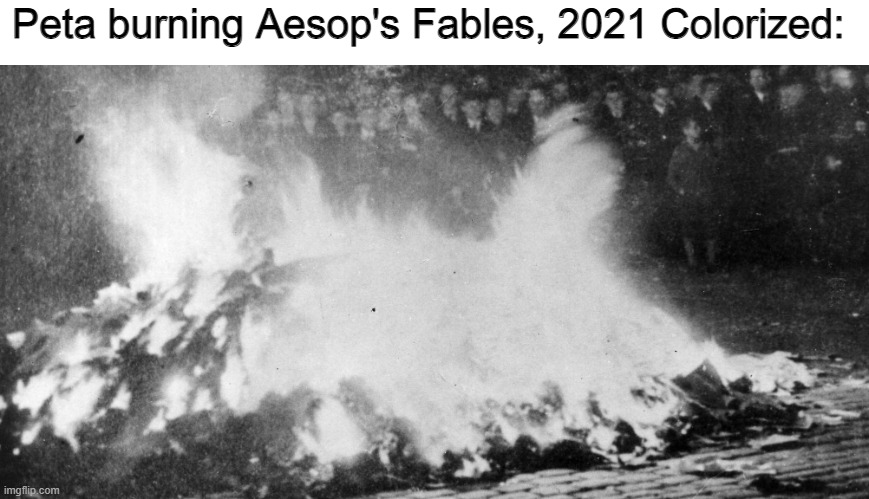 Peta Burning Aesop's Fables | Peta burning Aesop's Fables, 2021 Colorized: | image tagged in burn books,memes,funny,aesop,fable,peta | made w/ Imgflip meme maker