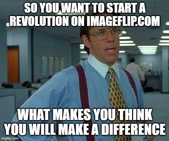 That Would Be Great |  SO YOU WANT TO START A REVOLUTION ON IMAGEFLIP.COM; WHAT MAKES YOU THINK YOU WILL MAKE A DIFFERENCE | image tagged in memes,that would be great | made w/ Imgflip meme maker