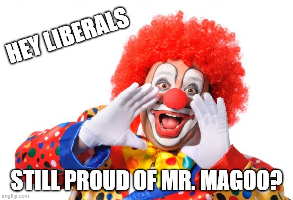 Liberal Clowns | HEY LIBERALS; STILL PROUD OF MR. MAGOO? | image tagged in circus clown,liberals,democrats,dimwits,biden,shame | made w/ Imgflip meme maker