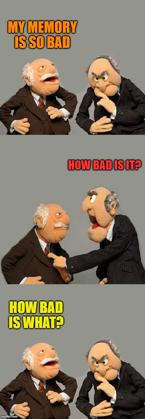 memories | MY MEMORY IS SO BAD; HOW BAD IS IT? HOW BAD IS WHAT? | image tagged in muppets,joke | made w/ Imgflip meme maker