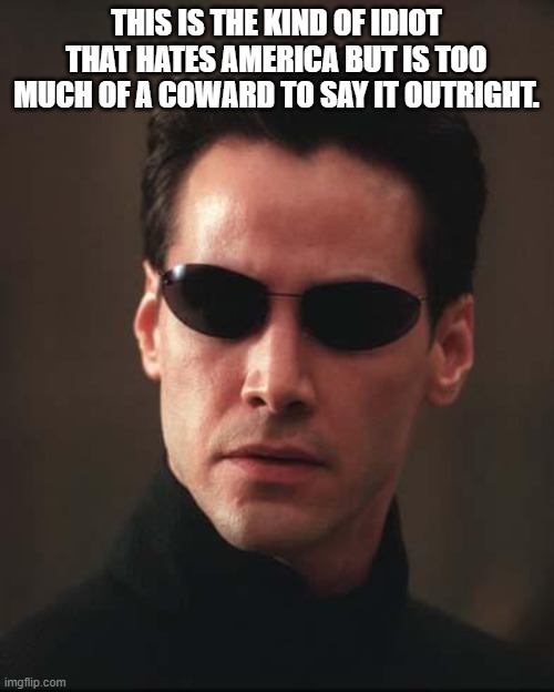 Neo Matrix Keanu Reeves | THIS IS THE KIND OF IDIOT THAT HATES AMERICA BUT IS TOO MUCH OF A COWARD TO SAY IT OUTRIGHT. | image tagged in neo matrix keanu reeves | made w/ Imgflip meme maker