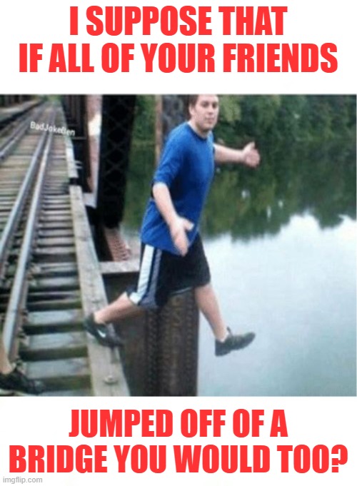 If your friends jumped off a bridge | I SUPPOSE THAT IF ALL OF YOUR FRIENDS JUMPED OFF OF A BRIDGE YOU WOULD TOO? | image tagged in if your friends jumped off a bridge | made w/ Imgflip meme maker