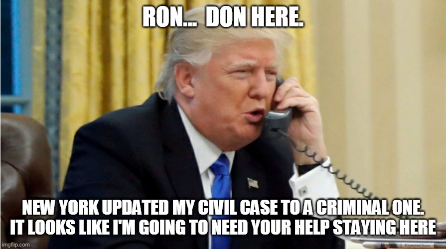 Trump on phone | RON...  DON HERE. NEW YORK UPDATED MY CIVIL CASE TO A CRIMINAL ONE.  IT LOOKS LIKE I'M GOING TO NEED YOUR HELP STAYING HERE | image tagged in trump on phone | made w/ Imgflip meme maker