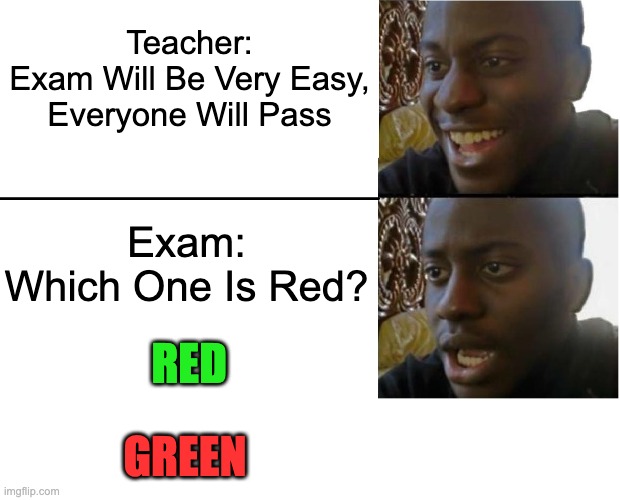 Idk...If anyone passed | Teacher:
Exam Will Be Very Easy,
Everyone Will Pass; Exam:
Which One Is Red? RED; GREEN | image tagged in disappointed black guy,memes,school,funny | made w/ Imgflip meme maker