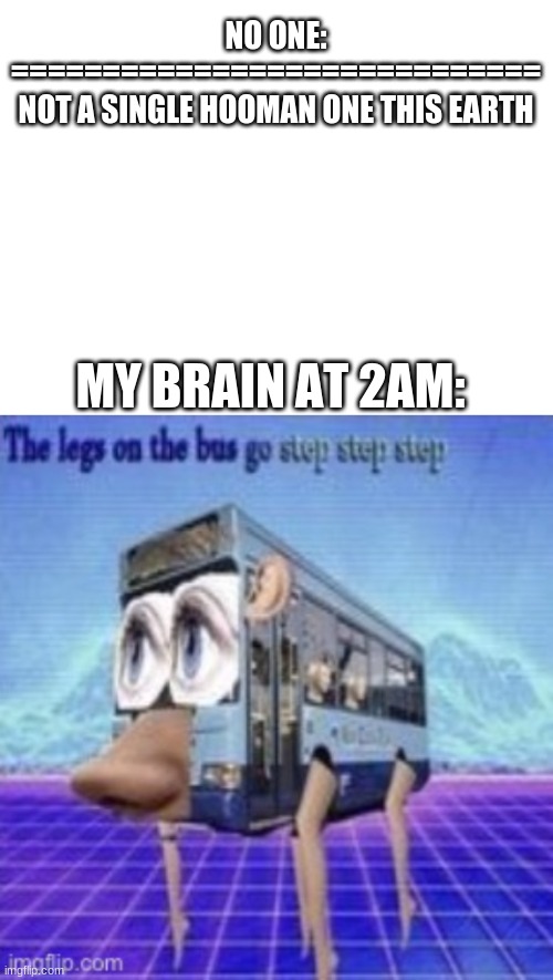 step step *realization* REEEEEEEEeEEeEE | NO ONE:
=============================
NOT A SINGLE HOOMAN ONE THIS EARTH; MY BRAIN AT 2AM: | image tagged in blank white template,the legs on the bus go step step | made w/ Imgflip meme maker
