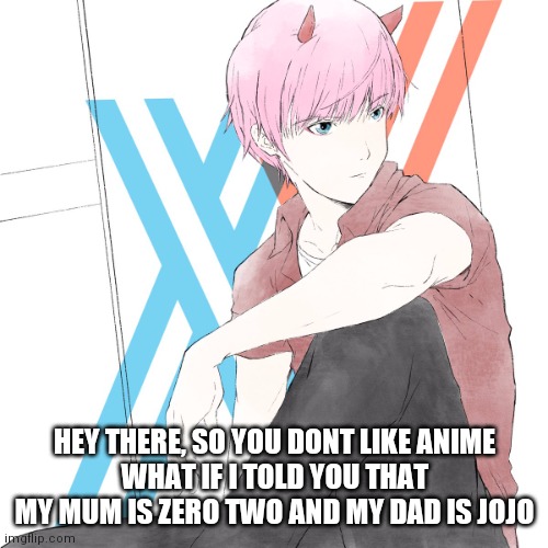 J02_69-420 | HEY THERE, SO YOU DONT LIKE ANIME
WHAT IF I TOLD YOU THAT MY MUM IS ZERO TWO AND MY DAD IS JOJO | image tagged in j02_69-420 | made w/ Imgflip meme maker