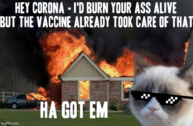 Again ik i said no more coronavirus memes on my part but... forget what i said about it and move on | image tagged in memes,burn kitty,grumpy cat,covid-19,vaccines,savage memes | made w/ Imgflip meme maker
