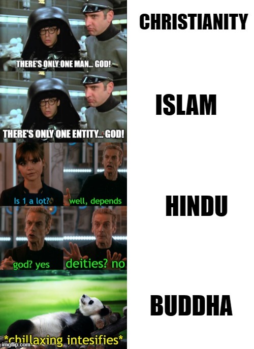 Deferent religions in a nutshell | image tagged in religion,christianity,islam,hinduism,buddha,memes | made w/ Imgflip meme maker