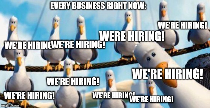 We're hiring! | EVERY BUSINESS RIGHT NOW:; WE'RE HIRING! WERE HIRING! WE'RE HIRING! WE'RE HIRING! WE'RE HIRING! WE'RE HIRING! WE'RE HIRING! WE'RE HIRING! WE'RE HIRING! | image tagged in nemo birds,we're hiring | made w/ Imgflip meme maker