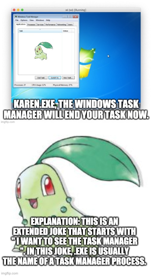 Windows puns. | EXPLANATION: THIS IS AN EXTENDED JOKE THAT STARTS WITH " I WANT TO SEE THE TASK MANAGER ". IN THIS JOKE, .EXE IS USUALLY THE NAME OF A TASK MANAGER PROCESS. | image tagged in chikorita | made w/ Imgflip meme maker