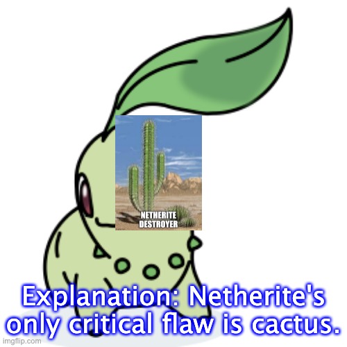 netherite v. cactus | Explanation: Netherite's only critical flaw is cactus. | image tagged in smort chikorita | made w/ Imgflip meme maker