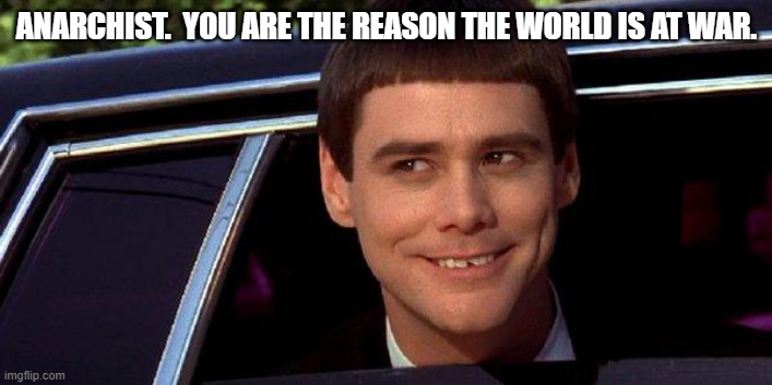 dumb and dumber | ANARCHIST.  YOU ARE THE REASON THE WORLD IS AT WAR. | image tagged in dumb and dumber | made w/ Imgflip meme maker