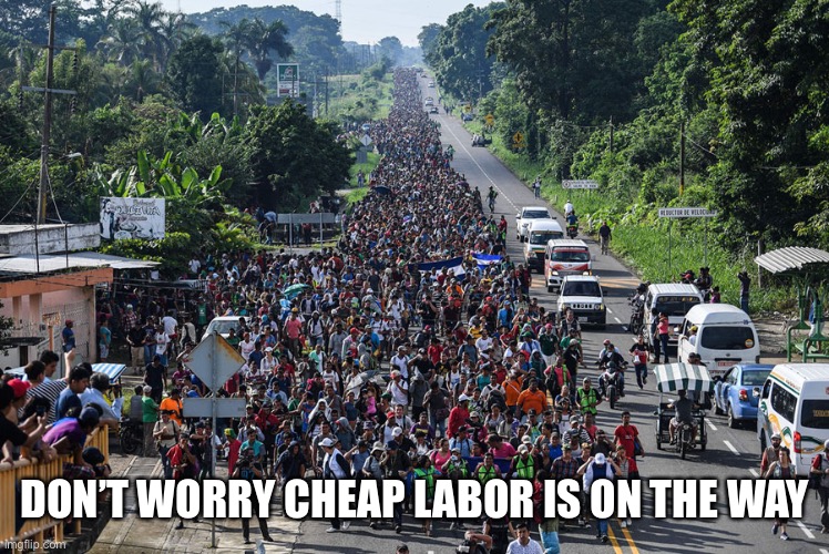 immigrant caravan | DON’T WORRY CHEAP LABOR IS ON THE WAY | image tagged in immigrant caravan | made w/ Imgflip meme maker