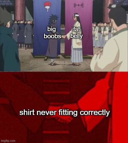 real life experiences |  big 
boobs; fat
belly; shirt never fitting correctly | image tagged in anime hand shaking | made w/ Imgflip meme maker