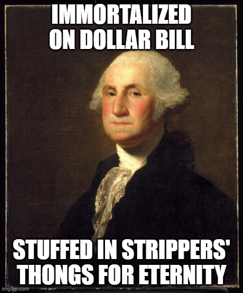 George Washington | IMMORTALIZED ON DOLLAR BILL; STUFFED IN STRIPPERS' THONGS FOR ETERNITY | image tagged in george washington | made w/ Imgflip meme maker