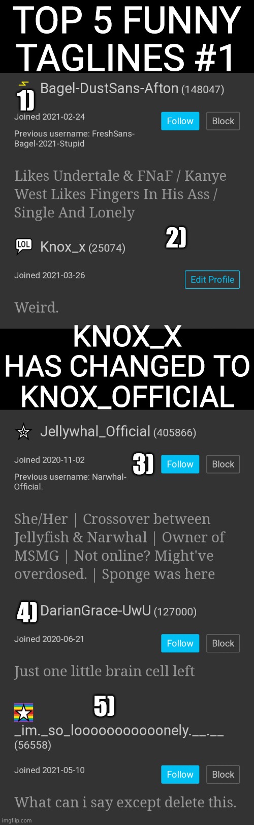 Funny tags | TOP 5 FUNNY TAGLINES #1; 1); 2); KNOX_X HAS CHANGED TO KNOX_OFFICIAL; 3); 4); 5) | image tagged in blank black,funny taglines | made w/ Imgflip meme maker