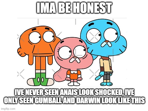 is this in an episode? i wanna see | IMA BE HONEST; IVE NEVER SEEN ANAIS LOOK SHOCKED, IVE ONLY SEEN GUMBALL AND DARWIN LOOK LIKE THIS | image tagged in the amazing world of gumball | made w/ Imgflip meme maker