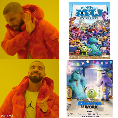 The Monstrous Sequal | image tagged in memes,drake hotline bling,monsters inc,disney,pixar,sequels | made w/ Imgflip meme maker